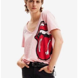 Desigual Pink Tee with Red Rolling Stones on Graphic